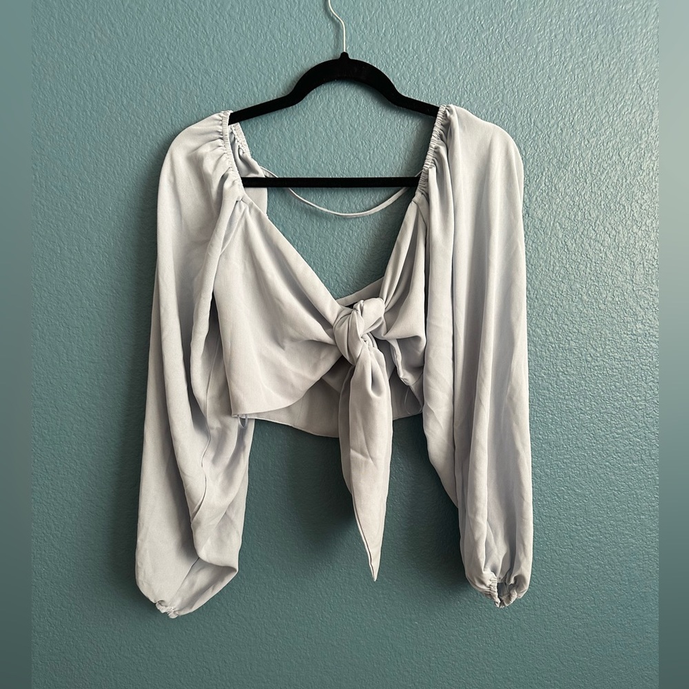 Blue tie front crop top blouse with lantern sleeves